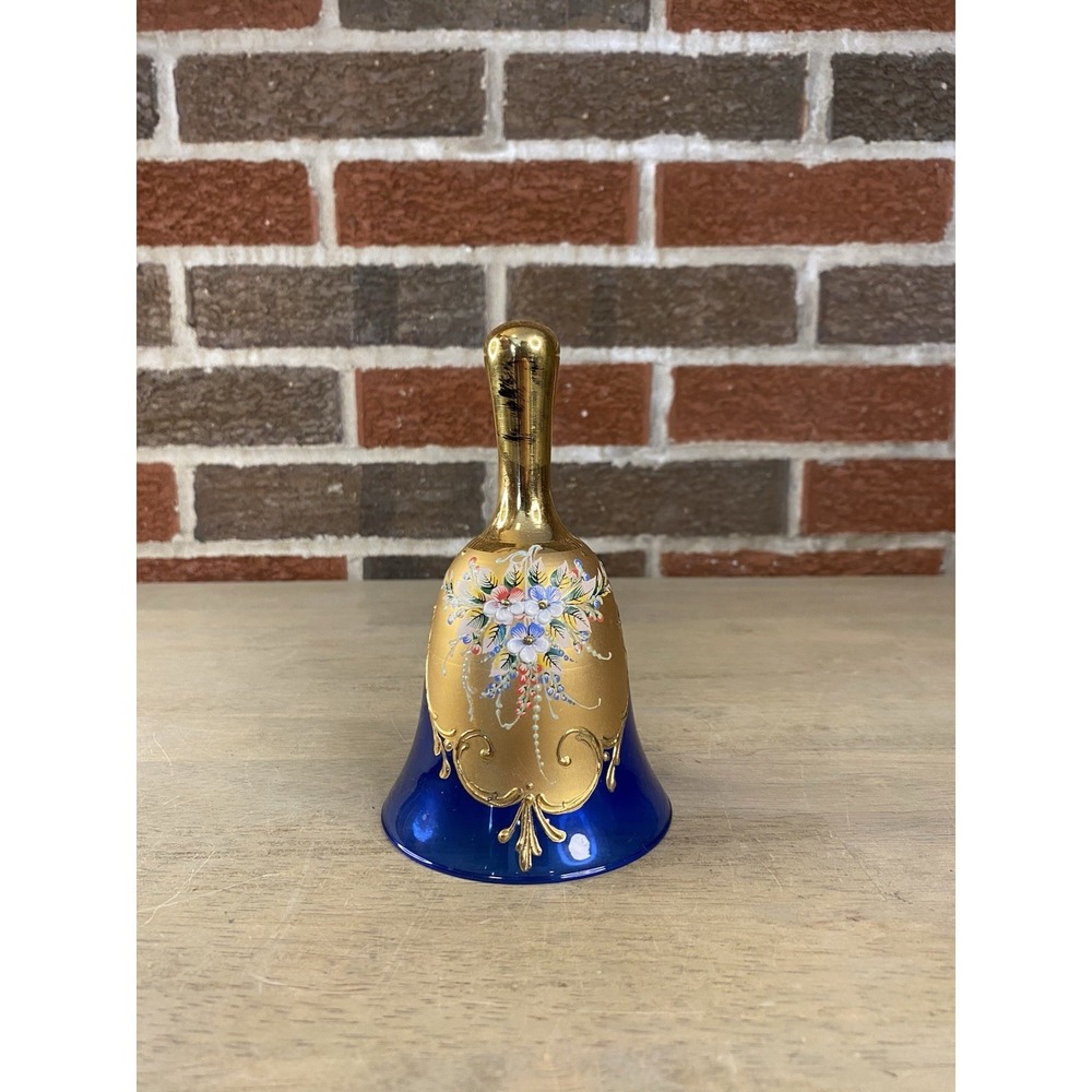 Murano Cobalt Blue Gold Gilt Dinner Bell Hand painted Floral Made In Italy
